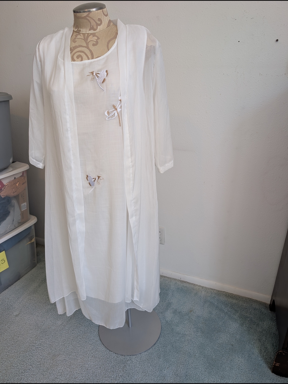White Embroidered Dress with Sheer Overlay